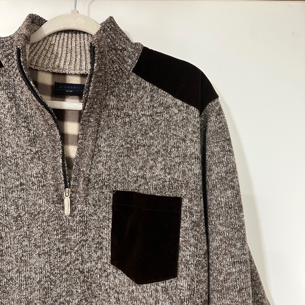 Gioberti Mens Quarter Zip Sweater Fleece Lined Brown Marl Pullover Large